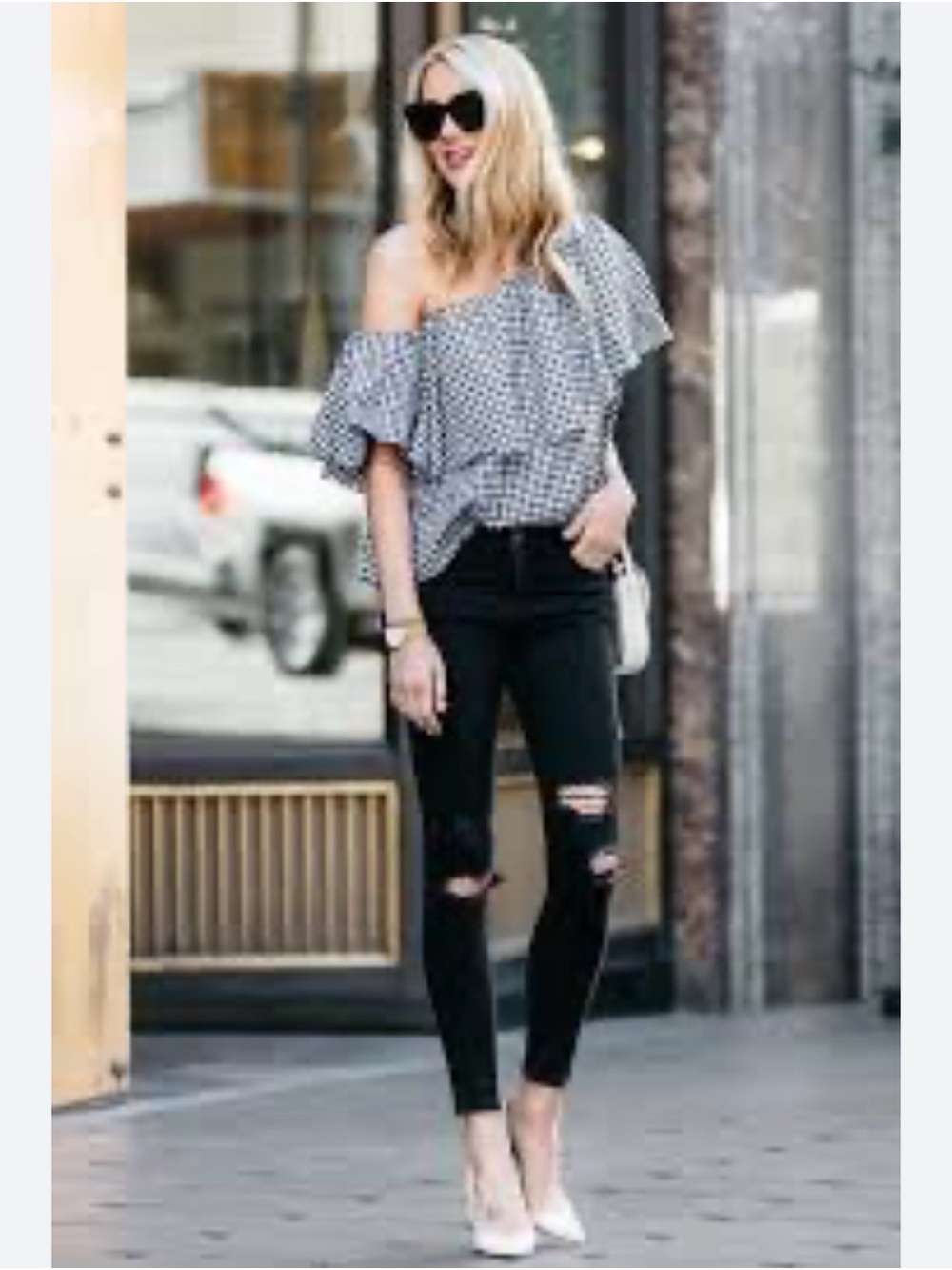 MLM Off-Shoulder Ruffle Top in Light Gray Micro-Check - Picture 5 of 8